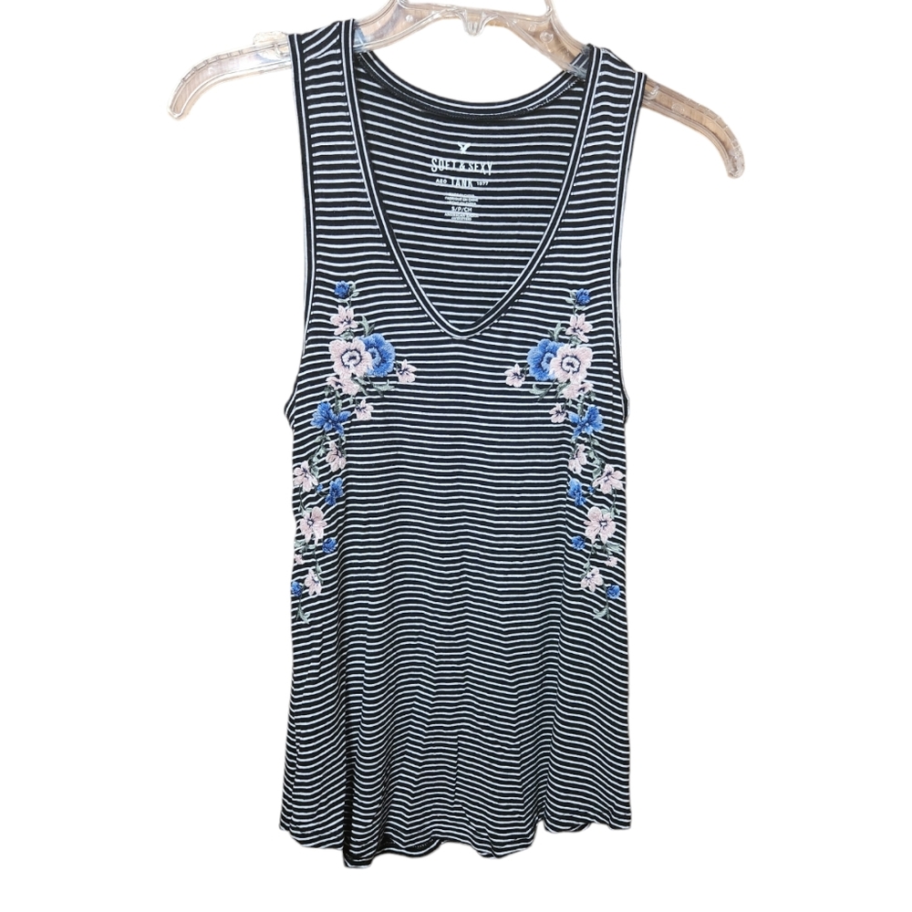 AE Soft&Sexy Knit Embroidery Floral Striped Tank Top